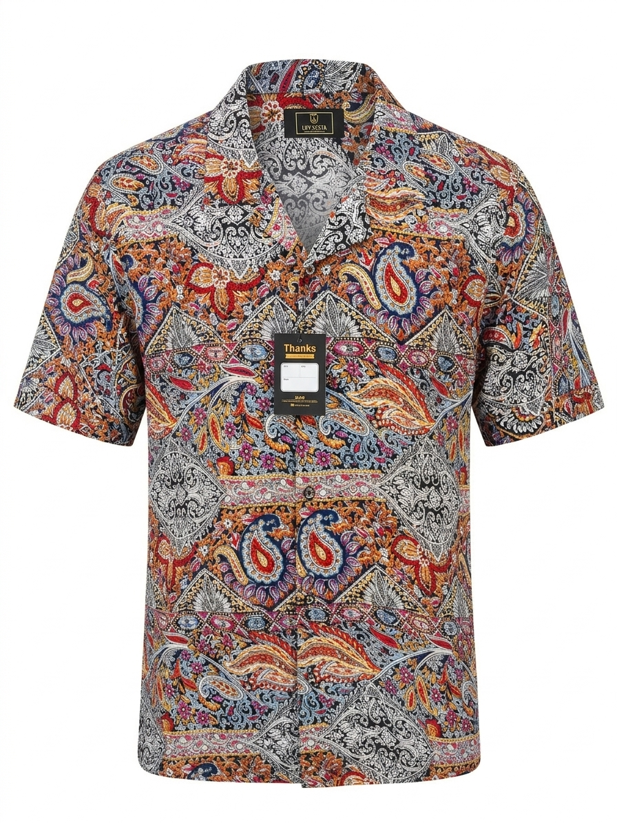 Men's Vintage Paisley & Bandana Print Short Sleeve Shirt - Size 2XL