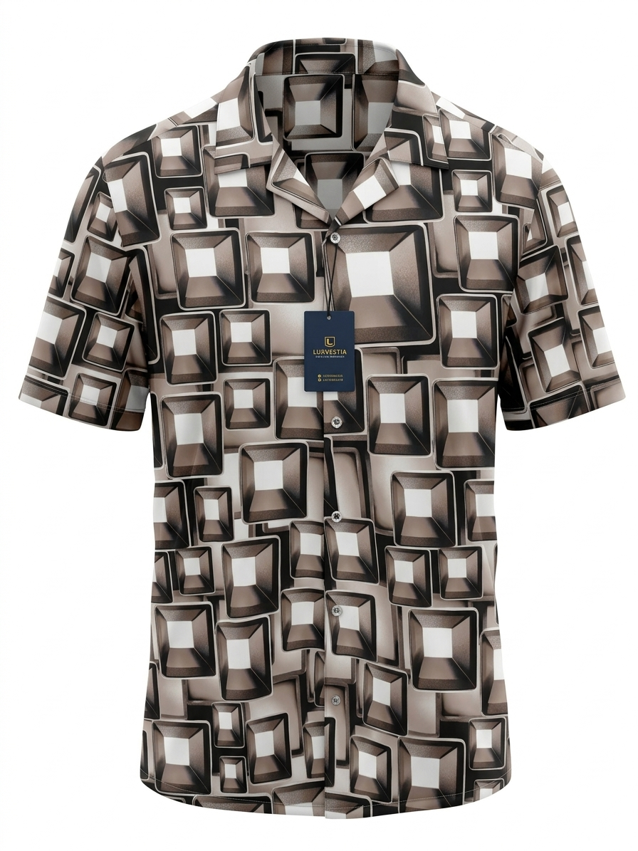 3D Retro Geometric Cube Print Cuban Collar Short Sleeve Shirt - Size 2XL