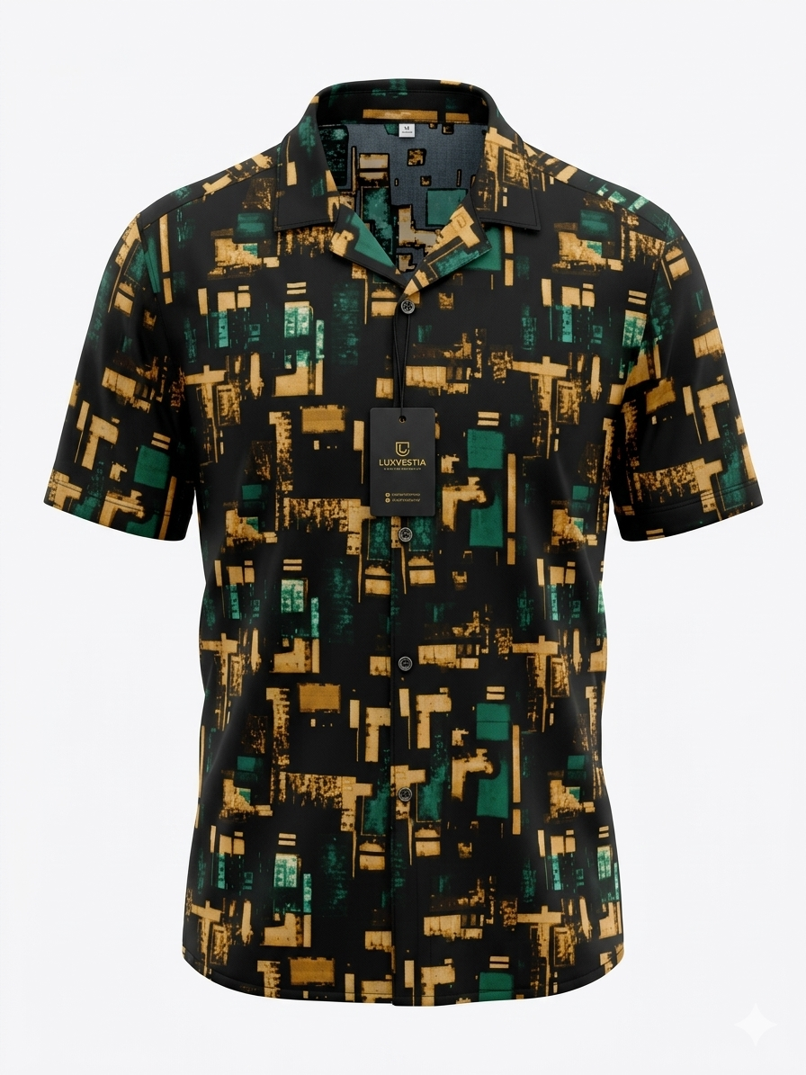 Abstract Urban Grid Cuban Collar Short Sleeve Shirt - Size 2XL