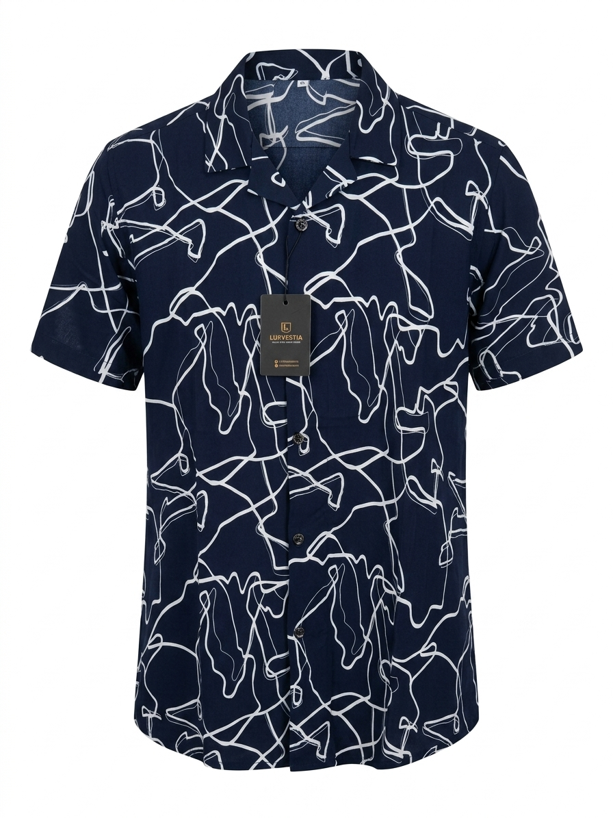 Abstract Line Art Navy blue Short Sleeve Shirt - Size 2XL