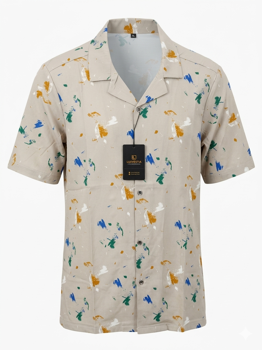 Men's Abstract Multicolor Brushstroke Beige Cuban Collar Short Sleeve Shirt - Size 2XL