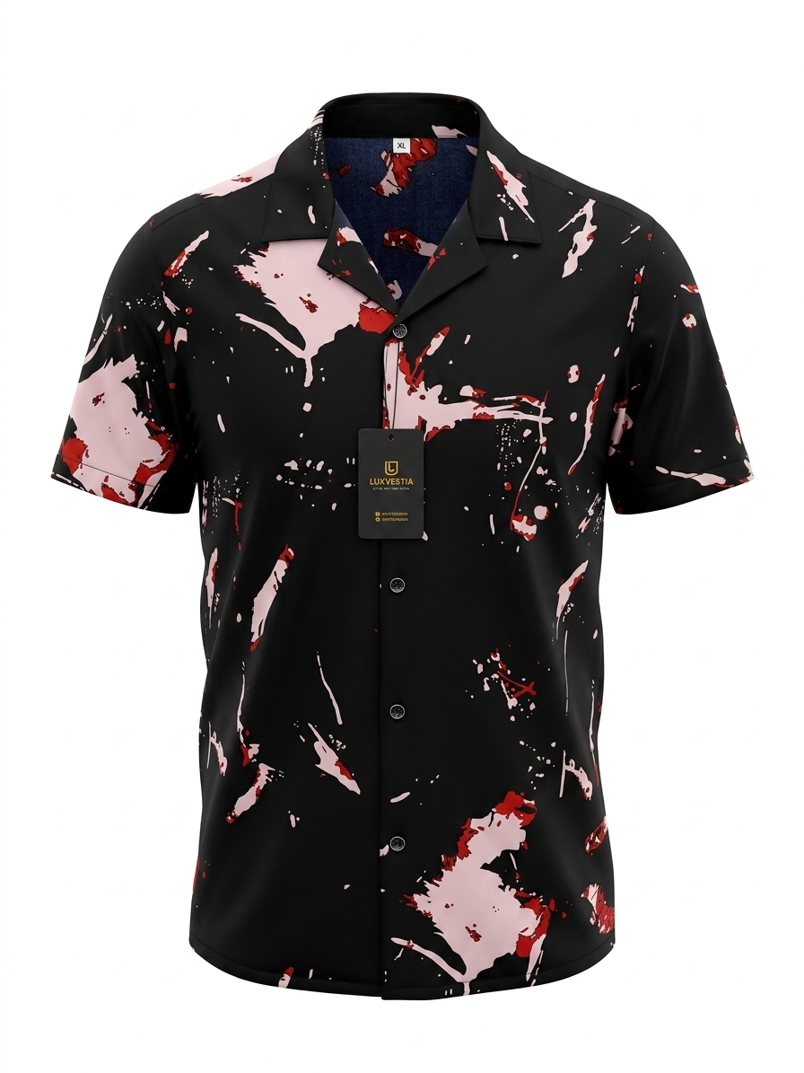 Abstract Paint Splatter Cuban Collar Short Sleeve Shirt - Size 2XL