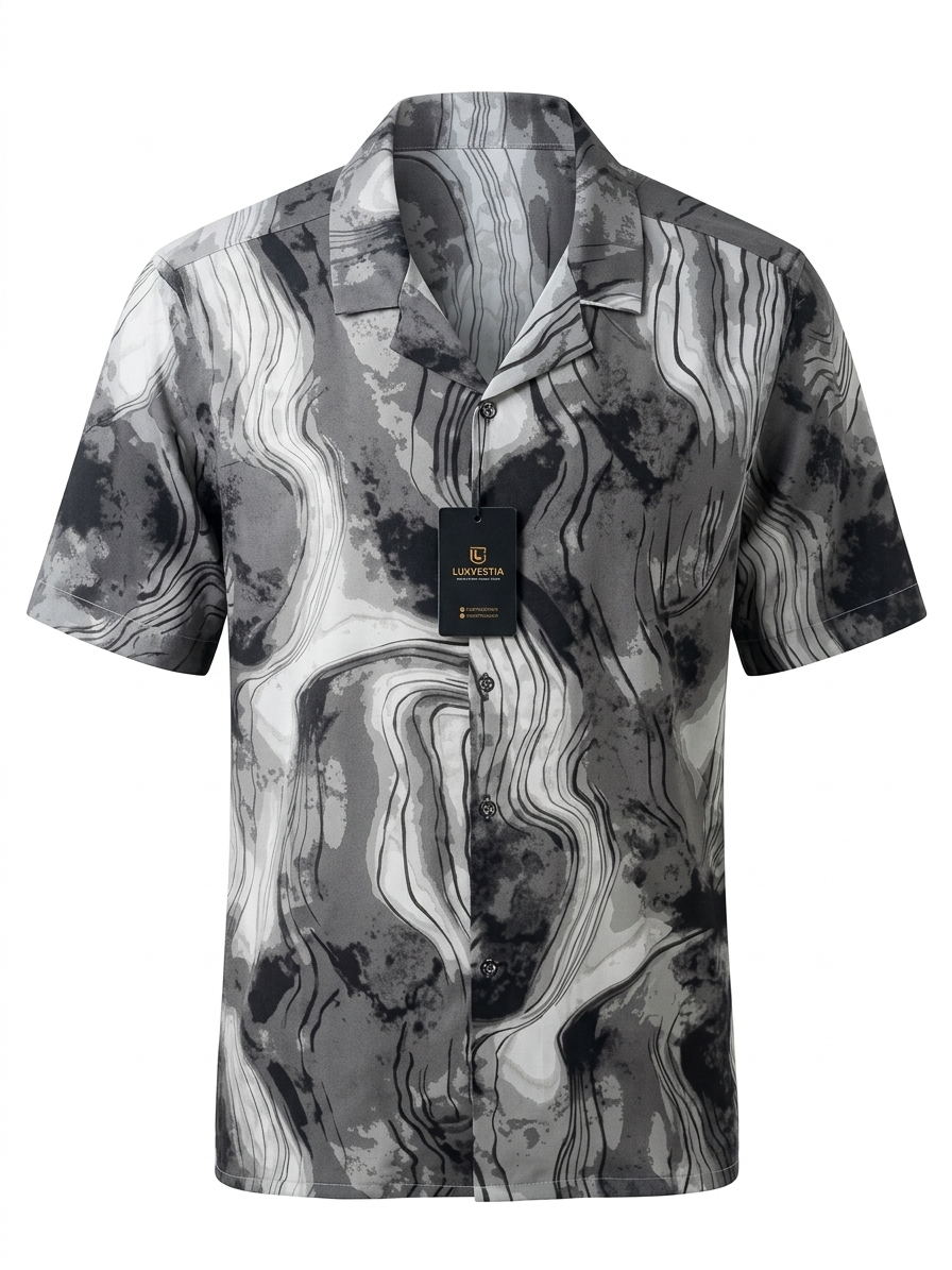 Grey Marble Wave Short Sleeve Shirt - Size 2XL