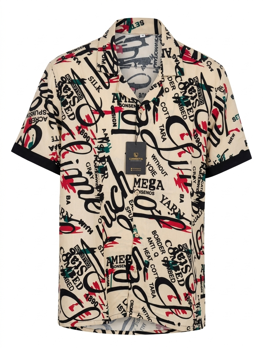 Men's Vintage Typography & Graffiti Print Short Sleeve Shirt - Size 2XL