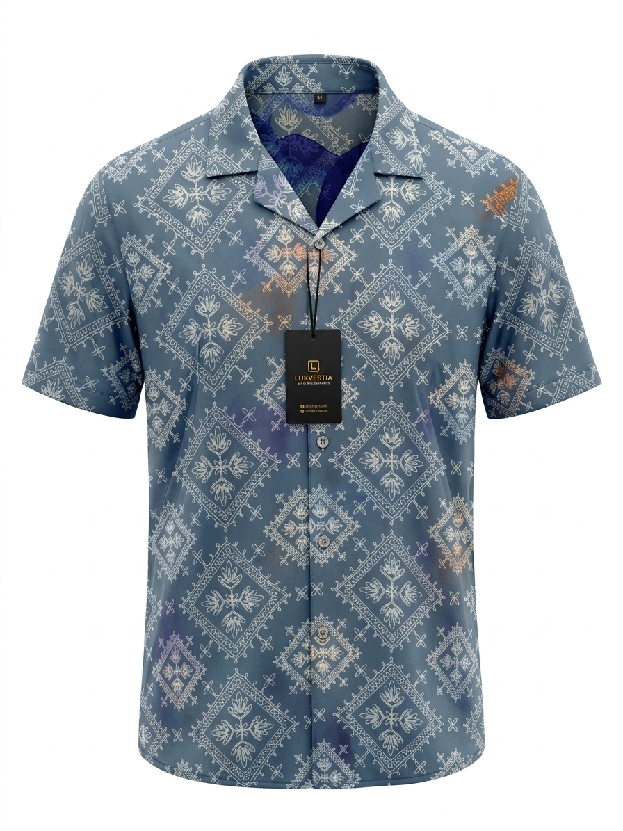 Vintage Floral Geometric Tile Blue Cuban Collar Short Sleeve Shirt - Size 2XL