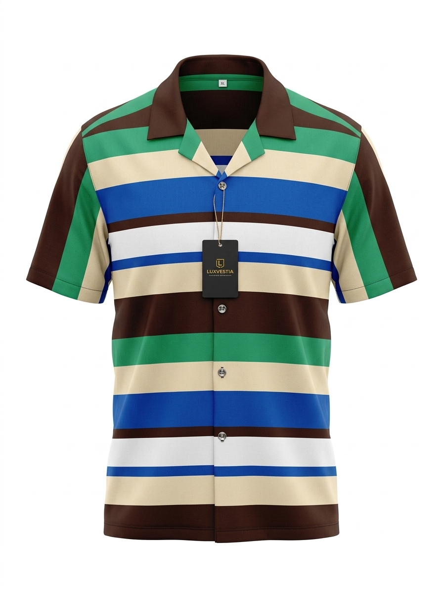 Retro Multi-Color Striped Short Sleeve Shirt - Size XL