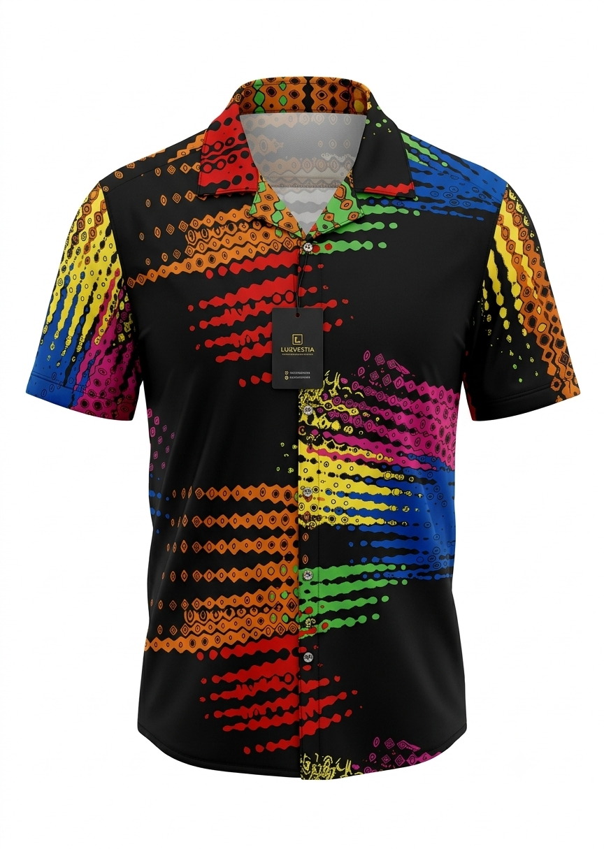 Vibrant Rainbow Halftone Wave Cuban Collar Short Sleeve Shirt - Size 2XL