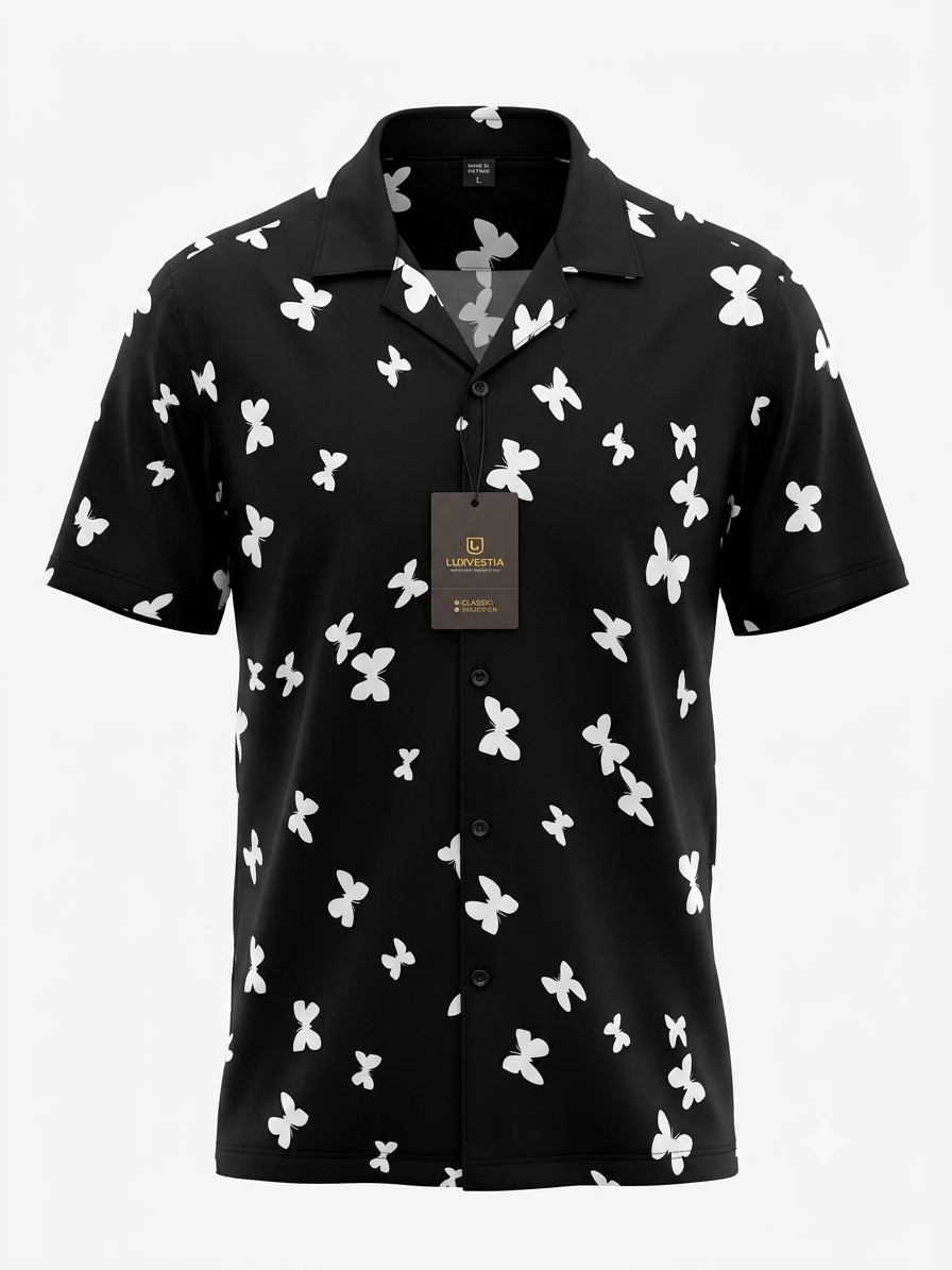 Monochrome Butterfly Print Black Short Sleeve Shirt