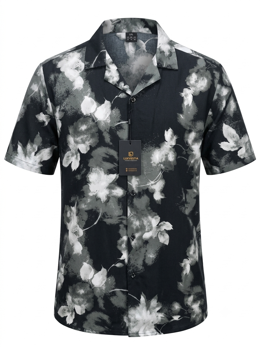 Smoky Monochrome Floral Wash Short Sleeve Shirt - Size 2XL