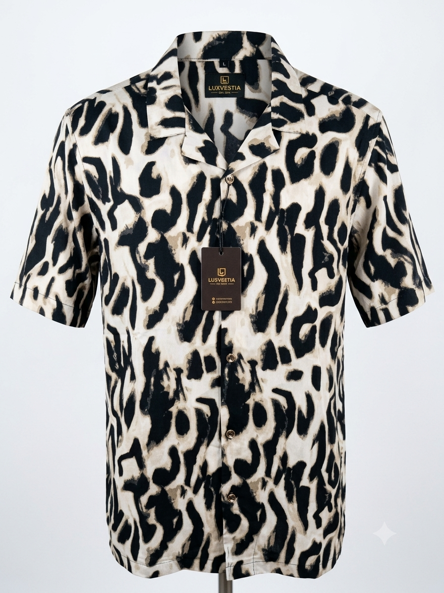 Abstract Leopard Spot Print Cream Cuban Collar Short Sleeve Shirt - Size 2XL