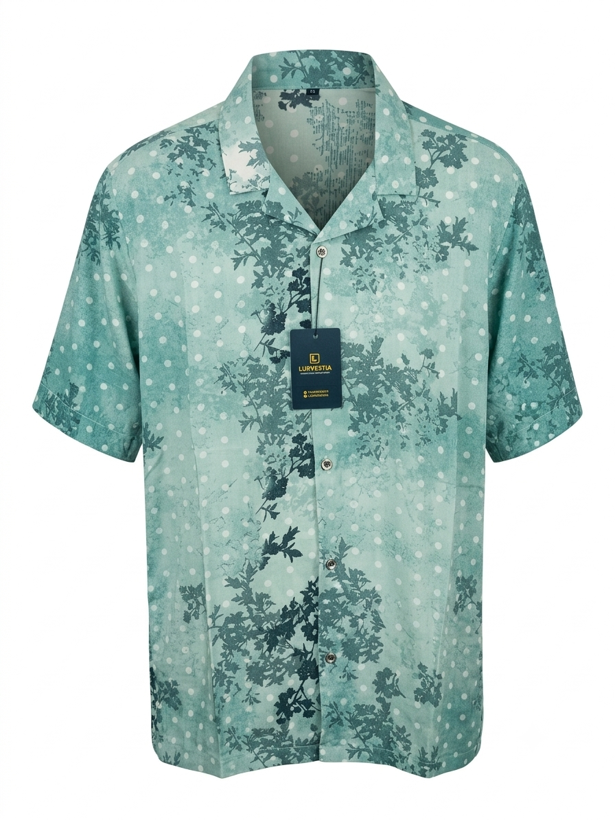 Mint Green Botanical Leaf & Polka Dot Cuban Collar Short Sleeve Shirt - Size 2XL