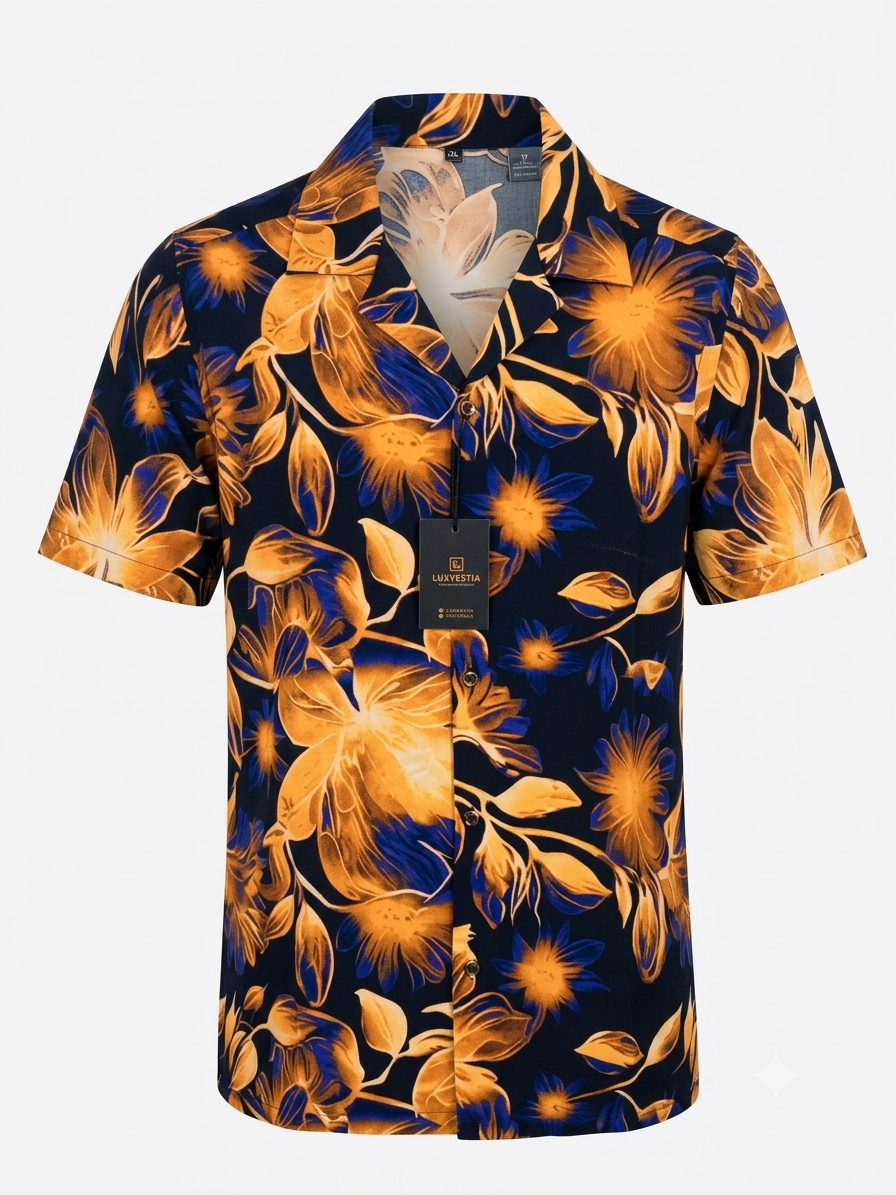 Tropical Floral Navy & Golden Ochre Cuban Collar Short Sleeve Shirt - Size 2XL