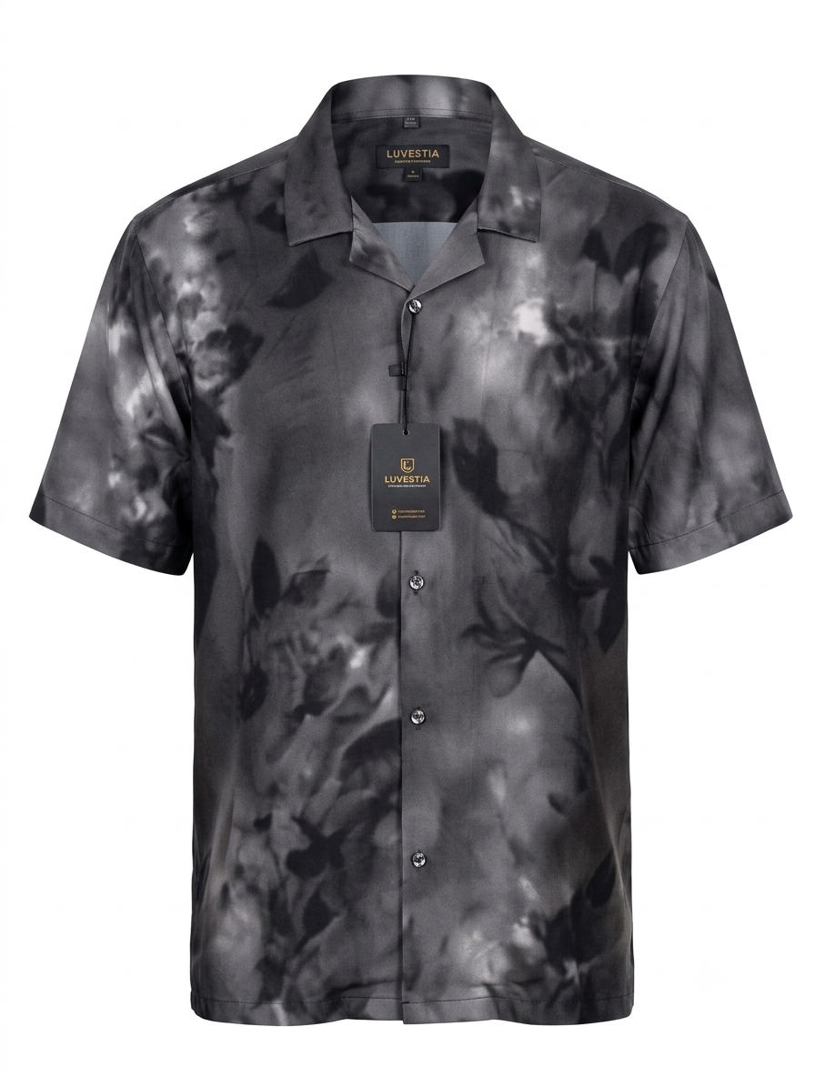 Men's Smoky Charcoal Floral Cloud Print Cuban Collar Short Sleeve Shirt - Size 2XL
