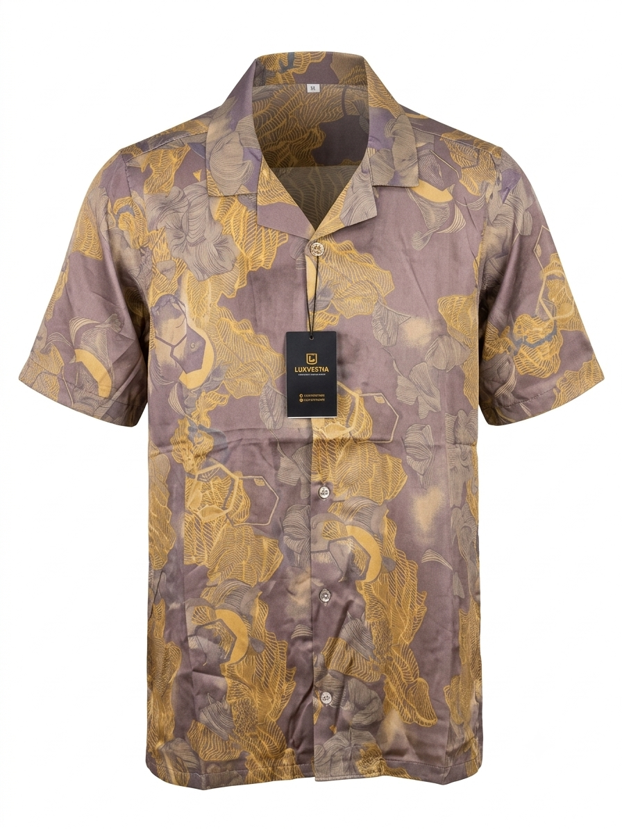 Men's Vintage Topographical Floral Mauve & Gold Cuban Collar Short Sleeve Shirt - Size 2XL