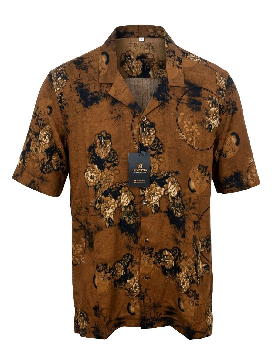 Floral Tapestry Tobacco Brown Cuban Collar Short Sleeve Shirt - Size 2XL
