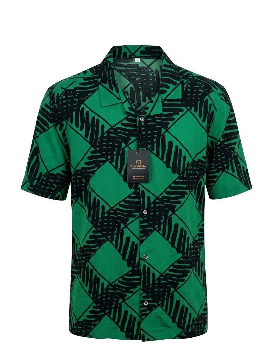 Geometric Plaid Leaf Print Emerald Green Cuban Collar Short Sleeve Shirt - Size 2XL