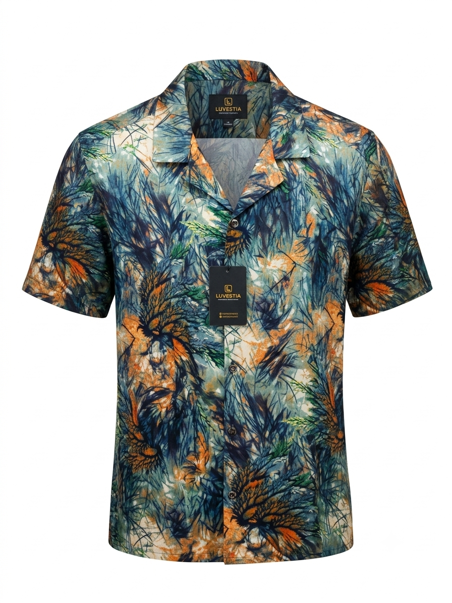 Abstract Feathery Pine Teal & Sunset Orange Short Sleeve Shirt - Size 2XL