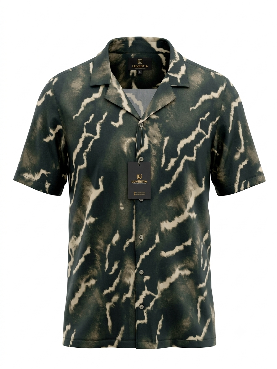 Men's Distressed Tie-Dye Lightning Olive & Khaki Short Sleeve Shirt - Size 2XL