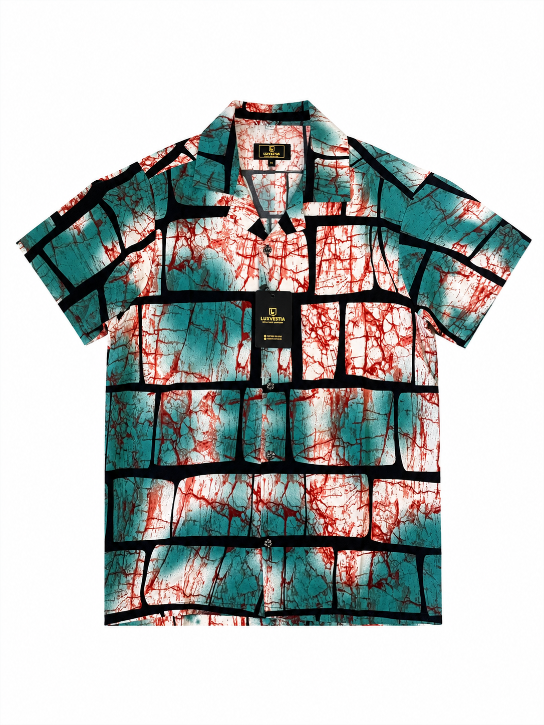 Luxvestia Men's Batik Crackle Brick Print Teal & Rust Short Sleeve Shirt - Size 2XL